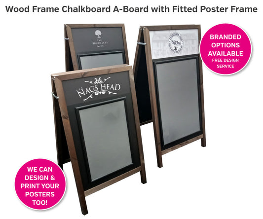 Wood Frame Blackboard A-Board with fitted poster holder to both sides - Exterior Use Large (750x1400x690mm) With Branded Header Stickers