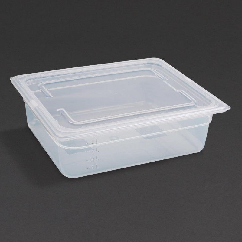 Vogue Polypropylene 1/2 Gastronorm Container with Lid 100mm (Pack of 4) - Capacity: 5.9Ltr. GN 1/2. Half Size. With lid